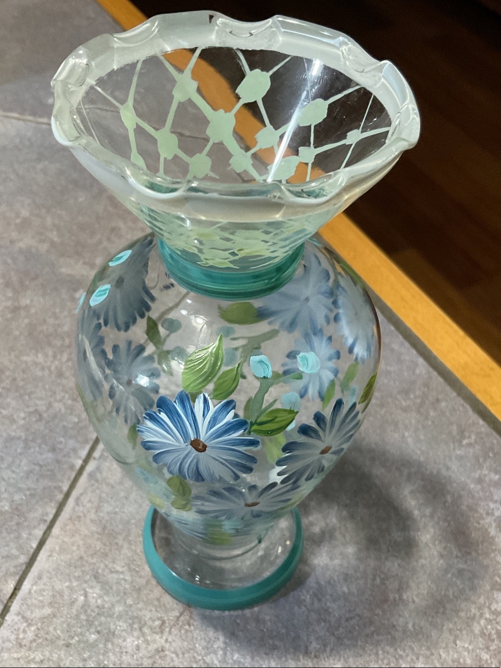 Tracy Porter Blue and Green Hand-Painted Floral Glass Vase